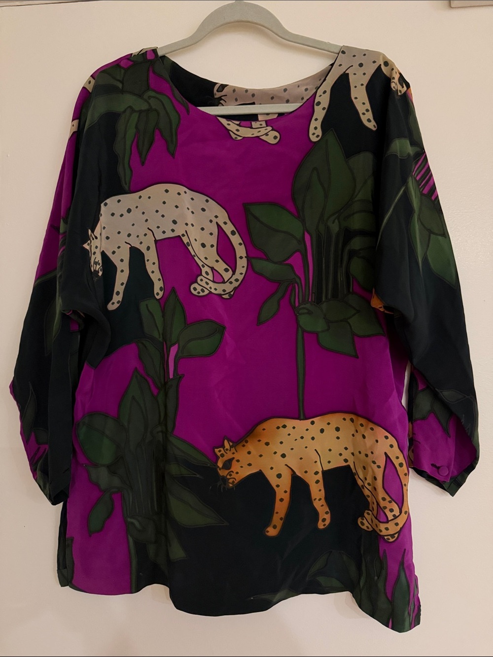 Vintage SilkScapes Hand Painted 100% Silk Oversized Cheetah Blouse Wearable Art